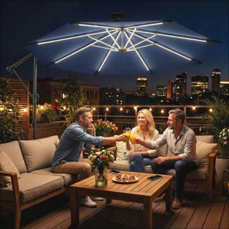 OUTSUNNY 3 m Garden Cantilever Parasol with Solar Light, Rotation in Blue | Size: 3m x 3m
