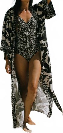 Tribal Palms Flare Sleeve Duster With Waist Tie In Waimea