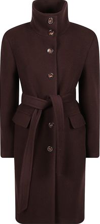 Pinko Belted Brown Wool Blend Coat with High Stand Collar