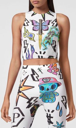Philipp Plein Top cropped in tessuto tecnico con stampa grafica