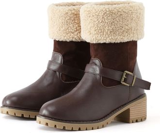 Generic Winter Boots for Women UK Ladies Fur Lined Mid Calf Boots Comfortable Outdoor Chunky Heel Walking Shoes Fashion Warm Snow Ankle Booties