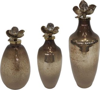 Sagebrook Home Set Of 3 Quincy Glass Bottles With Metal Flower Topper
