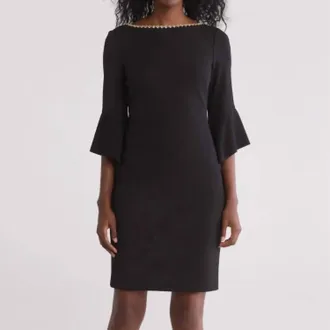 Vince Camuto Scuba Crepe Jewel Sheath Dress In Black