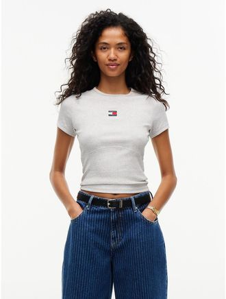 Tommy Hilfiger Womens Tommy Jeans Ribbed Crewneck T-Shirt - Ice Grey Heather - XL