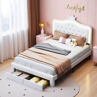 OEM Cama Infantil 140x200 - Corona Led - 2 Cajones - Estructura De Metal Blanco - Somier Incluido