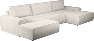 Vente-Unique Gran sof&aacute; cama rinconera panor&aacute;mico de pana beige AMELIA