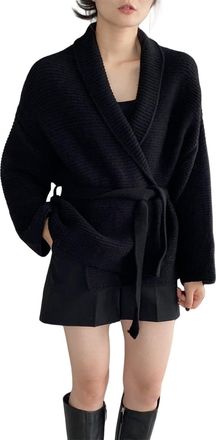 Generic Women Belt Gathered Waist Knitting Sweater Coat, Casual Cardigan Sweaters for Women, wrap Cardigan (Black,One Size)