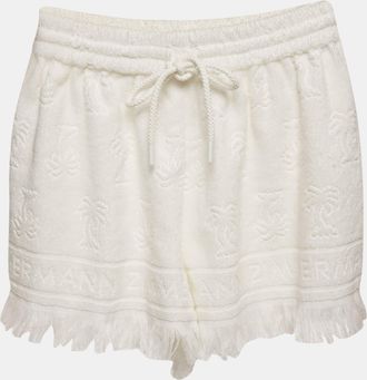 Zimmermann White White Palm Tree Terry Cotton Fringed Shorts