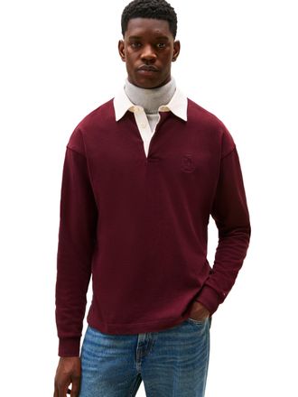 Tommy Hilfiger Mens Medium Weight Rugby Pullover with Embroidered Crest Logo Polo Sweater, Deep Burgundy, L