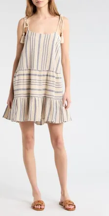 Elan Stripe Tie Shoulder Cotton Cover-Up Dress in Beige/Blue Stripe at Nordstrom, Size X-Small