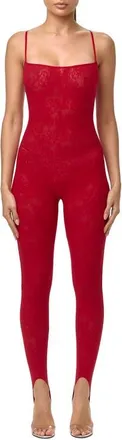 Naked Wardrobe Lace Stretch Lace Stirrup Jumpsuit in Ruby Red at Nordstrom, Size X-Small