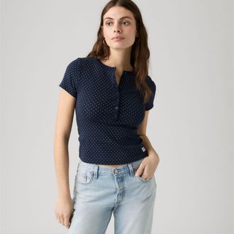 Levi's Dry Goods Pointelle Short Sleeve Henley - Womens - XS - Blue
