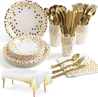 OEM Vajilla De Fiesta En Oro Blanco, Juego De Vajilla De Cumplea&ntilde;os, Platos De Papel, Vasos, Servilletas Y Vajilla Reutilizable, Para Fiestas Infantiles, 