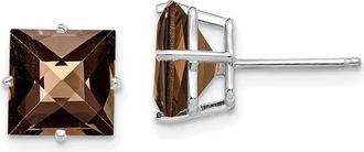 Diamond2Deal 14kw Princess 4-Prong 8.0mm Checker-Cut Smoky Quartz Earrings