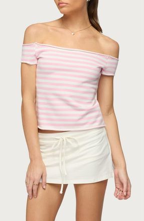 Edikted Stripe Off the Shoulder French Terry Top in Pink-And-White at Nordstrom, Size X-Small