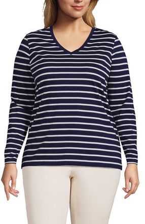 Lands End Supima Cotton Long Sleeve V-Neck T-Shirt in Deep Sea Navy Breton Stripe at Nordstrom, Size 1X