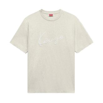 Kenzo Tops, Heren, Grijs, XL, Katoen, Geborduurd Signature Logo T-shirt
