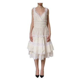 Dolce & Gabbana Midi Dresses, female, White, Size: 2XS Cotton Poplin Ruffled Midi Dress