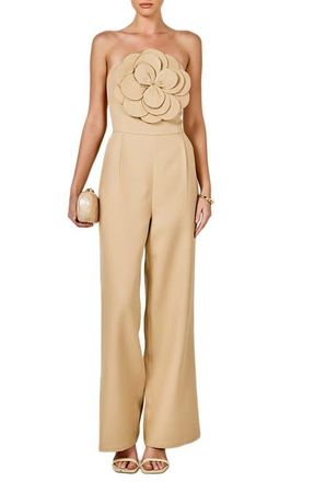 endless rose Floral Appliqu&eacute; Strapless Jumpsuit in Tan at Nordstrom, Size X-Small