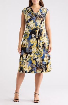 Kasper Floral Cowl Neck Sleeveless Fit & Flare Dress in Black Multi at Nordstrom Rack, Size 20W