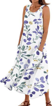 Generic Linen Dresses with Pockets Casual Flowy Loose Floral Print Crew Neck Sleeveless Dresses Maxi Tank Dress with Pockets Black Pinafore Dress (Purple, XL)