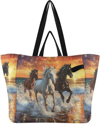 Generic Horses Ocean Sunset Orange pattern Reusable Canvas Tote Bag, Heavy Duty Grocery Shopping Bag with Double Handles Hard Bottom Large Capacity Work Groce