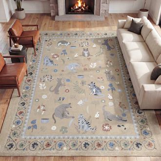 Jonathan Y Designs Catmosphere Festive Feline Floral Border Non-Slip Machine-Washable Rug in Tan at Nordstrom, Size 3Ft 0In X 5Ft 0In