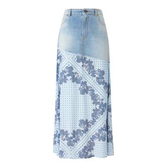Pinko Pinko, Rokken, Dames, Blauw, XS, Denim, Lange denim rok en twill met foulardprint