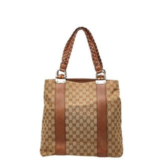 Gucci Beige Brown Canvas Leather Tote Bag (Pre-Owned)