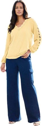 Roaman's Lace Trim And Appliqu&eacute;d Tee in Banana at Nordstrom, Size 28