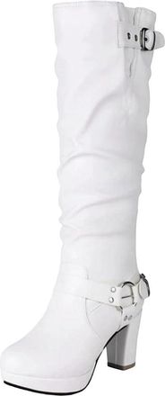 Generic Womens Pleated Knee High Boots Buckle Strap Long Heel Boots Casual Footwear