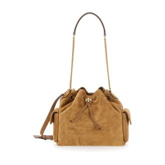 Tory Burch Tory Burch, Bucket Bags, female, Brown, Size: ONE SIZE Charlie Quilted Suede Drawstring Shoulder Bag