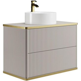 Vente-Unique Mobile per bagno sospeso con scanalature con profilo dorato e lavabo da appoggio tondo 80 cm Beige - KELIZA