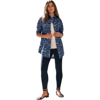 Roaman's Kate Long-Sleeve Crisp Cotton-Blend Button-Front Tunic in Navy Painterly Vine at Nordstrom, Size 24