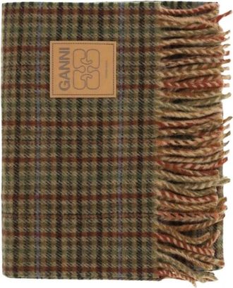 Ganni Sciarpa a quadri in lana con frange - - Accessories - Donna - Marrone - ONE SIZE