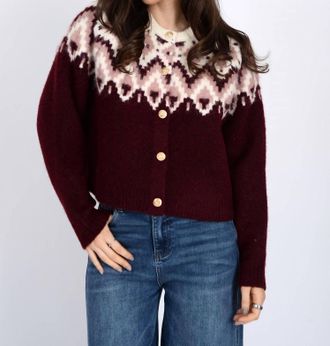 RD Style Cornelia Crewneck Cardigan In Burgundy
