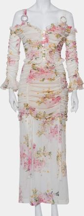 Alessandra Rich White Floral Printed Silk Ruched Cold Shoulder Maxi Dress