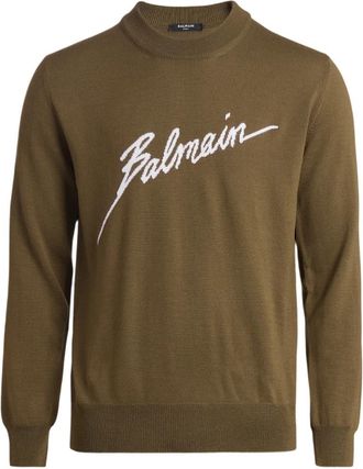 Balmain Signature Merino Wol Trui - Heren - Ronde hals truien - Groen - 2XL - Wol - Truien & Vesten