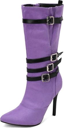 Generic Womens Fashion Buckle Straps Decor Pointed Toe Stiletto High Heel Mid Calf Boots Slip On Casual Party Winter Shoes (Purple,7.5)