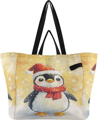 Generic Penguin Snowflake Golden print Reusable Canvas Tote Bag, Heavy Duty Grocery Shopping Bag with Large Capacity Double Handles Hard Bottom Work Groceries