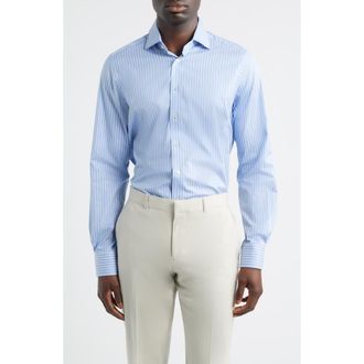 Emanuel Berg Modern Fit Stripe Natural Stretch Yoga Twill Dress Shirt in Bright Blue at Nordstrom, Size 47