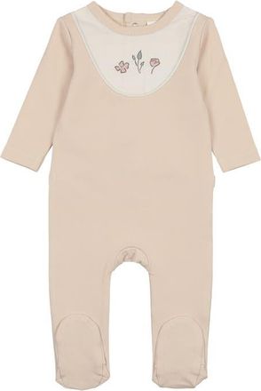 Maniere Embroidered Bib Cotton Blend Footie in Biscuit at Nordstrom, Size 12M