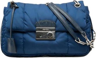 Prada Pre-owned Cross Body Bags, female, Blue, Size: ONE SIZE Pre-owned Nylon Saffiano Leather Chain Shoulder Bag