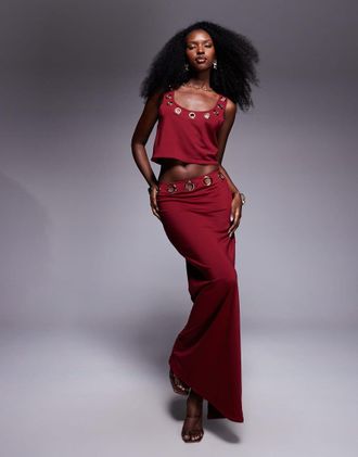 South Beach Gonna lunga da spiaggia bordeaux con occhielli-Rosso