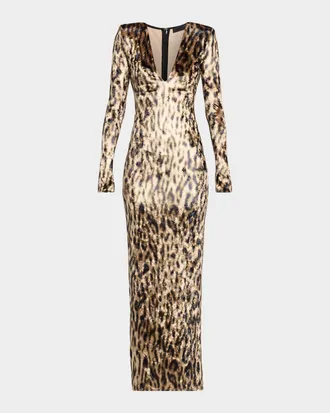 Sally Lapointe Plunging Ocelot-Print Velvet Long-Sleeve Maxi Dress