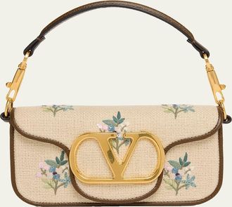Valentino Garavani Small Floral-Embroidered Woven Flax Shoulder Bag