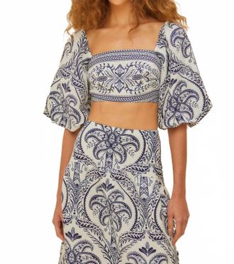 Farm Rio Tropical Cameo Euroflax Premium Linen Blouse In Blue/off White