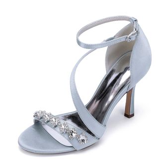 Generic Womens Bridal Satin Stiletto Sandals Dress Weddin Heel Formal Rhinestone Evening High Heels 9.5Cm,Silver,10 UK
