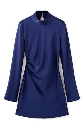 Mango Pleated Long Sleeve Satin Dress in Indigo Blue at Nordstrom, Size 4