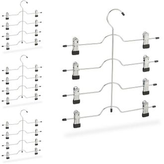 Relaxdays Set of 4 Relaxdays Multi Coat Hangers, Holder for Skirts or Pants with Clips, Compact, Non-Slip, Silver